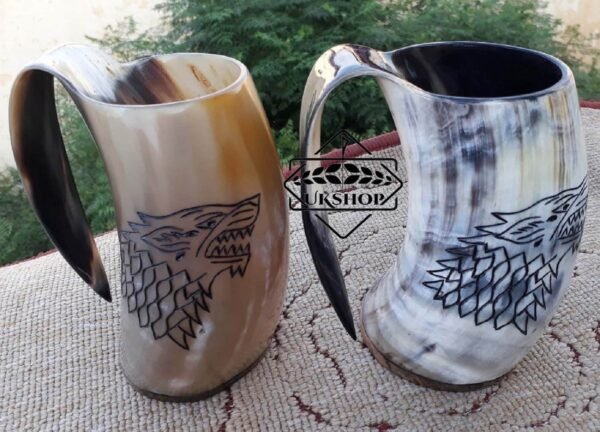 Handcraft Viking Drinking Horn mug, wolf carved viking drinking mug, Thanks giving gift