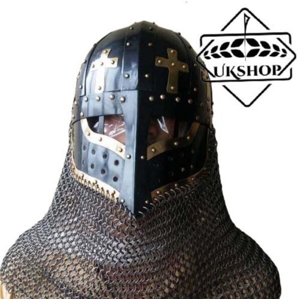 Black Battle helmet, Spectacle Helmet With Chainmail Aventail Steel, Thanks giving gift