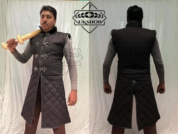 Medieval Sleeveless Long Gambeson with Black Leather Trimmed, Thanks giving gift