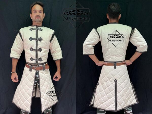 Medieval White Gambeson with Leather Trimmed, Leather Armor Gambeson, Thanks giving gift