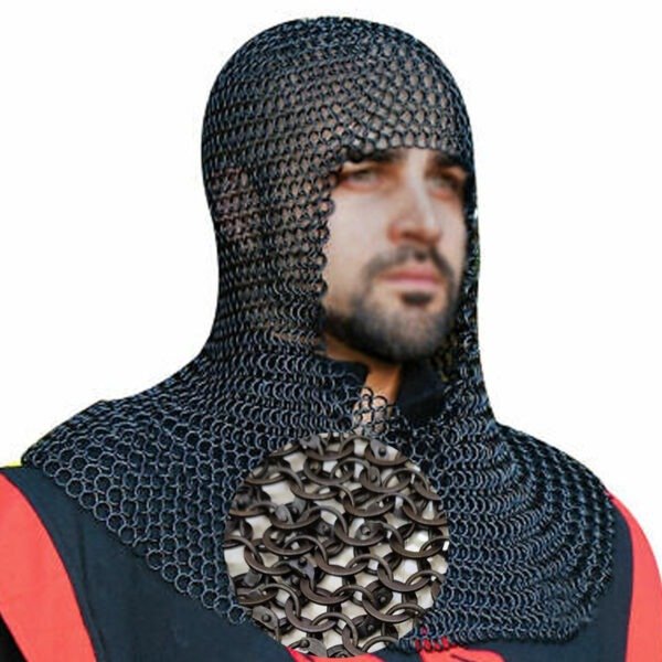 chainmail coif alu black Chainmail Coif 9mm Round Riveted with solid rings Aluminium Black