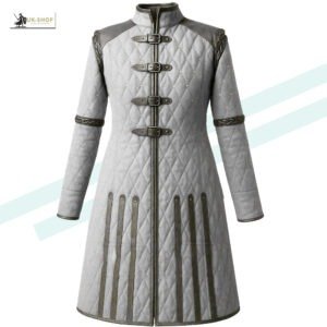 Medieval Padded Gambeson Costume Full Sleeve With Brown Leather Trim