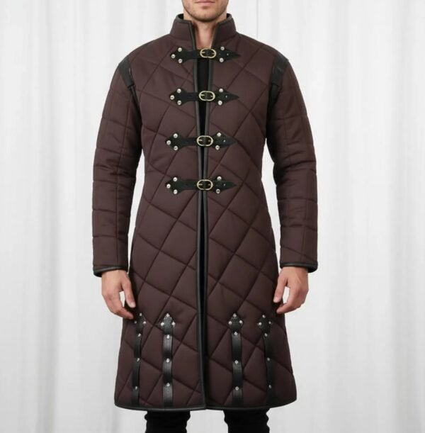 Brown Gambeson with Brown Leather Trim 1 Medieval Gambeson Brown with Black Leather Trim