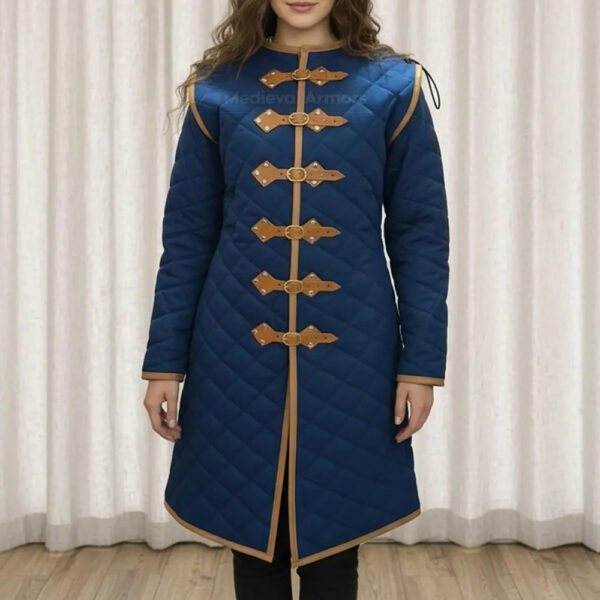 royal blue gamb 1 Medieval Gambeson Royal Blue with Brown Leather Trim