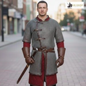 Chainmail Haubergeon - 9MM Flat Ring Riveted washer with Brown Leather Trim